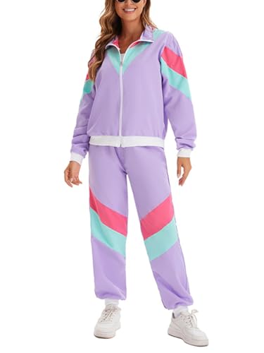 Minetom 80er Jahre Outfit Karneval Kostüm Damen Retro Trainingsanzug Disco Jogginganzug Mottoparty Faschingskostüme Jacke und Hose Zweiteiler Set Sport Freizeitanzug A01 Violett L von Minetom