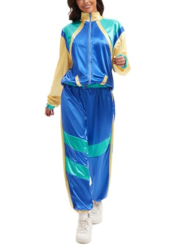 Minetom 80er Jahre Outfit Karneval Kostüm Damen Retro Trainingsanzug Disco Jogginganzug Mottoparty Faschingskostüme Jacke und Hose Zweiteiler Set Sport Freizeitanzug A02 Blau L von Minetom