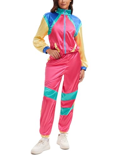 Minetom 80er Jahre Outfit Karneval Kostüm Damen Retro Trainingsanzug Disco Jogginganzug Mottoparty Faschingskostüme Jacke und Hose Zweiteiler Set Sport Freizeitanzug A02 Rose L von Minetom