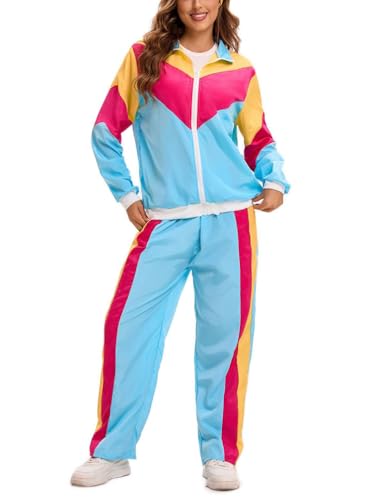 Minetom 80er Jahre Outfit Karneval Kostüm Damen Retro Trainingsanzug Disco Jogginganzug Mottoparty Faschingskostüme Jacke und Hose Zweiteiler Set Sport Freizeitanzug A03 Blau L von Minetom