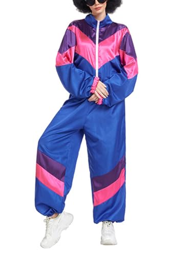 Minetom 80er Jahre Outfit Karneval Kostüm Damen Retro Trainingsanzug Disco Jogginganzug Mottoparty Faschingskostüme Jacke und Hose Zweiteiler Set Sport Freizeitanzug A04 Blau L von Minetom