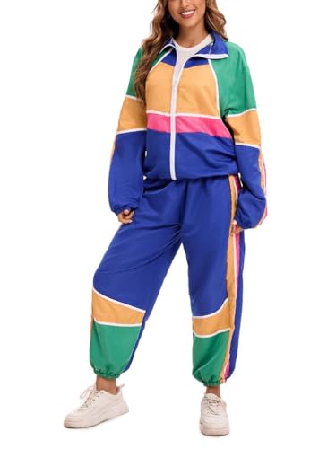 Minetom 80er Jahre Outfit Karneval Kostüm Damen Retro Trainingsanzug Disco Jogginganzug Mottoparty Faschingskostüme Jacke und Hose Zweiteiler Set Sport Freizeitanzug A05 Blau L von Minetom