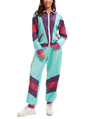 Minetom 80er Jahre Outfit Karneval Kostüm Damen Retro Trainingsanzug Disco Jogginganzug Mottoparty Faschingskostüme Jacke und Hose Zweiteiler Set Sport Freizeitanzug A06 Blau L von Minetom