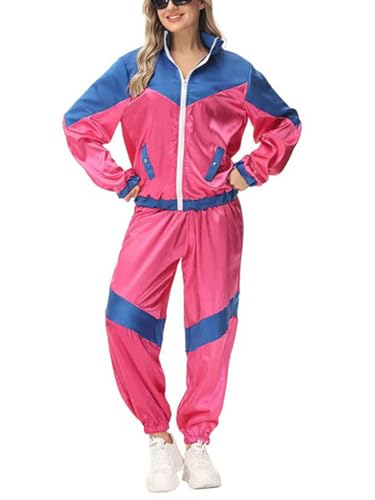 Minetom 80er Jahre Outfit Karneval Kostüm Damen Retro Trainingsanzug Disco Jogginganzug Mottoparty Faschingskostüme Jacke und Hose Zweiteiler Set Sport Freizeitanzug A07 Blau L von Minetom