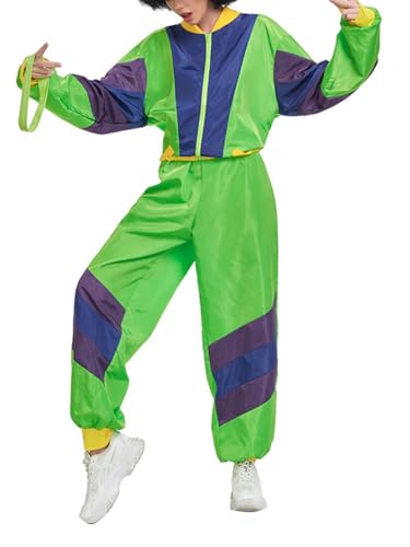 Minetom 80er Jahre Outfit Karneval Kostüm Damen Retro Trainingsanzug Disco Jogginganzug Mottoparty Faschingskostüme Jacke und Hose Zweiteiler Set Sport Freizeitanzug A08 Grün L von Minetom