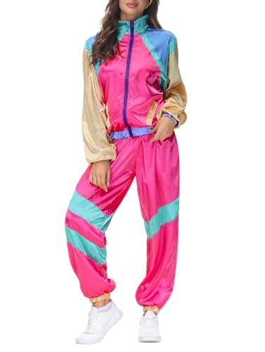 Minetom 80er Jahre Outfit Karneval Kostüm Damen Retro Trainingsanzug Disco Jogginganzug Mottoparty Faschingskostüme Jacke und Hose Zweiteiler Set Sport Freizeitanzug A09 Rose L von Minetom