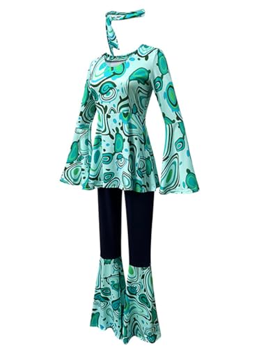 Minetom Hippie Kostüm Damen Shirt Schlaghose Kopftuch 3-teiliges Set Retro Faschingskostüme Druck Mottoparty Karneval 70er 80er Disco Outfit A Hellgrün L von Minetom