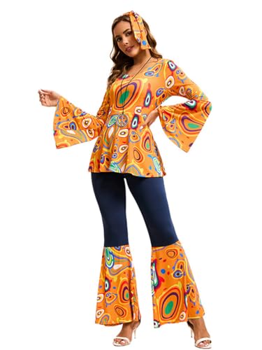 Minetom Hippie Kostüm Damen Shirt Schlaghose Kopftuch 3-teiliges Set Retro Faschingskostüme Druck Mottoparty Karneval 70er 80er Disco Outfit A Orange L von Minetom