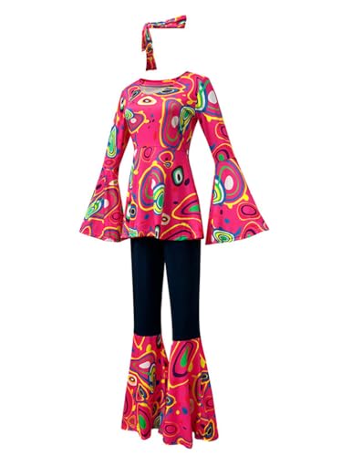 Minetom Hippie Kostüm Damen Shirt Schlaghose Kopftuch 3-teiliges Set Retro Faschingskostüme Druck Mottoparty Karneval 70er 80er Disco Outfit A Rose L von Minetom