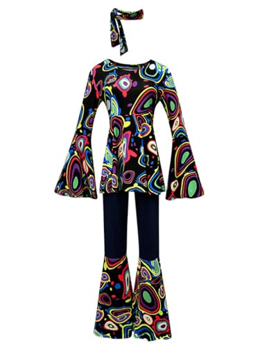 Minetom Hippie Kostüm Damen Shirt Schlaghose Kopftuch 3-teiliges Set Retro Faschingskostüme Druck Mottoparty Karneval 70er 80er Disco Outfit A Rot L von Minetom