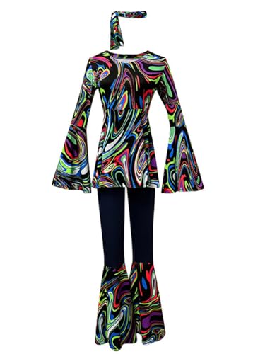 Minetom Hippie Kostüm Damen Shirt Schlaghose Kopftuch 3-teiliges Set Retro Faschingskostüme Druck Mottoparty Karneval 70er 80er Disco Outfit A Schwarz L von Minetom