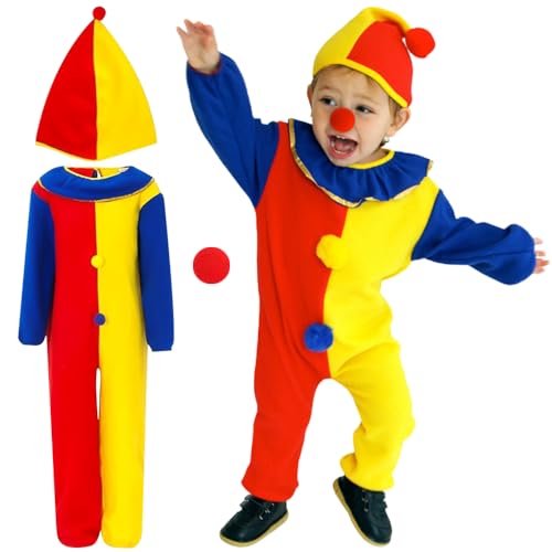 Mineup Clown Kostüm Kinder, 3er Kleinkind Clown Kostüm, Clown Jumpsuit mit Kapuze, Jumpsuit Zirkus Kostüm, Faschingskostüme Kinder für Kinder Jungen Karneval Halloween Cosplay Party S(100-110cm) von Mineup