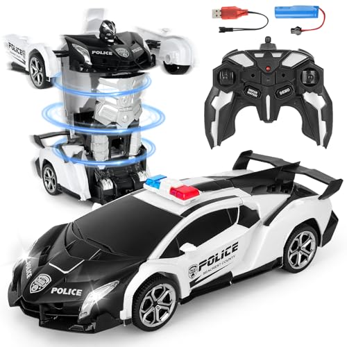 Mineup Ferngesteuertes Auto, 2 in 1 Transformers Spielzeug, 2.4GHz Transform Roboter Spielzeug, Verformung Roboter, Rc Auto Roboter, RC Polizeiauto, Geschenke ab 4 5 6 7 8 9 Jahre Mädchen von Mineup