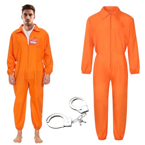 Mineup Häftling Kostüm Herren, Gefängnis Kostüm Orange, Classic Prisoner Overall mit Handschellen, Sträfling Gefangene Kostüm Karneval Cosplay, Costumes Erwachsenenkostüm Größe M von Mineup