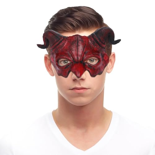 Mineup Halloween Horn Teufel Halbgesichtsmaske Halbgesicht Gruselige Tiermaske Tier Weihnachten Karneval Dämon Maske Ostern Horror Kopfbedeckung Festival Verkleidung Samurai Cosplay Party Kostüm Prop von Mineup