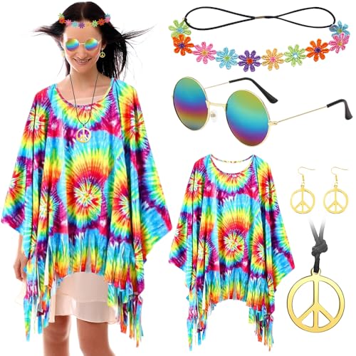 Mineup Hippie Kostüm Damen Set, 6 Stück 60er 70er Jahre Hippie Kleidung, Poncho Set mit Hippie Accessoires, Faschingskostüme Damen Mädchen, Disco Outfit 60er 70er 80er 90er Jahre für Karneval Party von Mineup