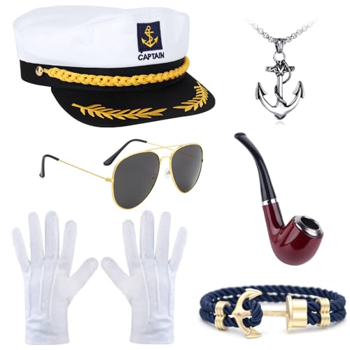 Mineup Yacht Kapitän Hut Kapitänsmütze Kostüm Set, 6 Stück Kapitän Matrosen Kostüm Set, Verstellbare Yacht Schiff Boot Marine Mütze, Kapitänsmütze Herren für Party Cosplay Halloween Weihnachten von Mineup