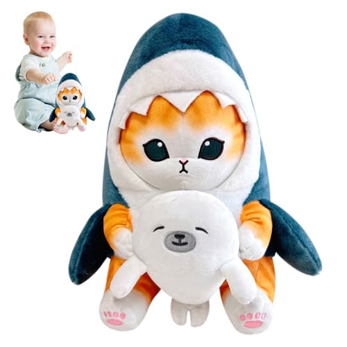 Mineup Katze Plüschtier, 22cm Katze Plüschpuppe Hai Katze Plüschtiere, Shark Cat Gefüllte Puppe Plüschpuppe mit Umarme den Hai, Kawaii Plush Stofftierpuppe Geschenk für Kinder von Mineup