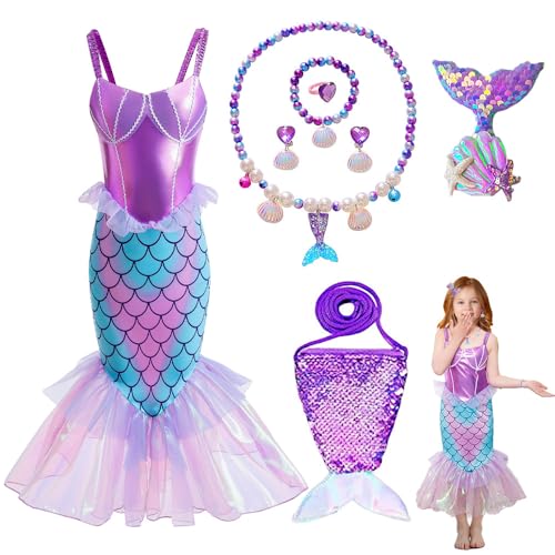 Mineup Meerjungfrau Kostüm Mädchen, 8-Teiliges Set Meerjungfrau Prinzessin Kleid Kinder, Arielle Prinzessin Kostüm mit Zubehör, Kostüm Kinder für Karneval, Party Halloween Weihnachten Cosplay Outfit von Mineup