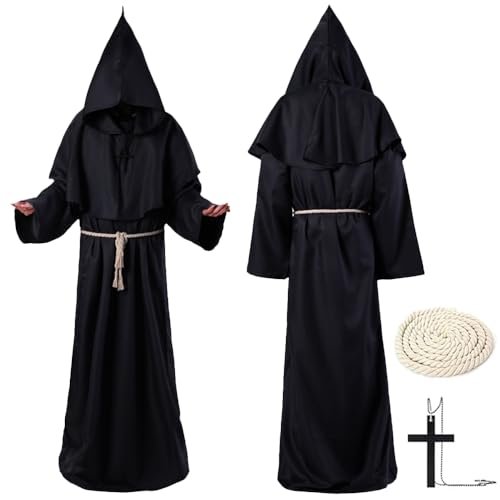 Mineup Mönch Robe Kostüm, Mönch Priester Gewand, Mittelalter Renaissance Robe, Herren Kapuze Mönch Robe Priester Kostüm mit Kapuze Kreuz und Kordel für Mottoparty Cosplay Karneval und Fasching von Mineup