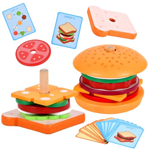 Mineup 2 Stück Montessori Hamburger-Stapelspielzeug, Kinderküche Zubehör Holz, Sandwich-Stapel-Burger-Stapelspielzeuge Set, Holz Burger Toy, küchenzubehör kinder für Kleinkinder ab 4 Jahr Pädagogische von Mineup