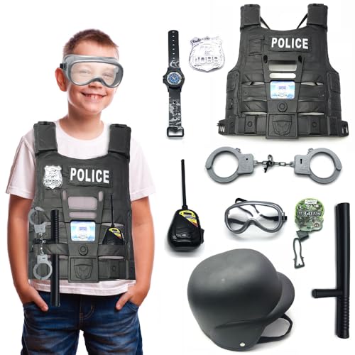 Mineup Polizei Kostüm Kinder, Polizei Kostüm Set mit Polizei Ausrüstung Polizei Handschellen Polizeiabzeichen Weste, Polizei Kostüm Zubehör Set, Polizei Spielzeug für 3-6 Jahre Kinder Karneval Cosplay von Mineup