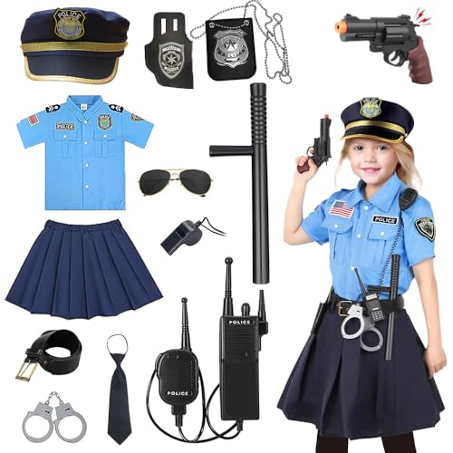 Mineup Polizei Kostüm Mädchen, 13 Stück Polizei Kostüm Kinder, Polizei Ausrüstung mit Polizei Uniform, Polizistin Mädchen Cop Kostüm Outfit Set, Karneval Kostüm Mädchen Polizistin für Rollenspiel von Mineup