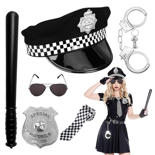 Mineup Polizei Zubehör Set, 7 Stück Polizei Kostüm Damen, Polizei Kostüm Zubehör, mit Polizei Mütze, Handschellen, Polizeimarke, Krawatte, Pilotenbrille, Baton für Cosplay Mottoparty Karneval von Mineup