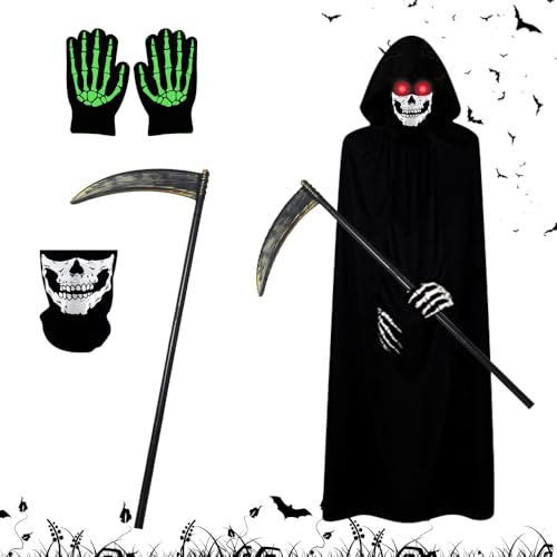 Mineup Sensenmann Kostüm, 4PCS Halloween Kostüm Set, Totenkopf Maske Set mit Sensemann Umhang Halloween Sense und Handschuhe, Halloween Umhang Set, Gewand Karneval Fasching Männer Erwachsene von Mineup