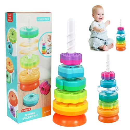 Mineup Spinning Stacking Toys, Rainbow Tower, Kids Stackable Spinning Toy, Regenbogenturm Stapelspiele, Regenbogen-Stapelringe, Regenbogen Drehturm Stapelspielzeug Für Kinder Ab 12 Monaten von Mineup