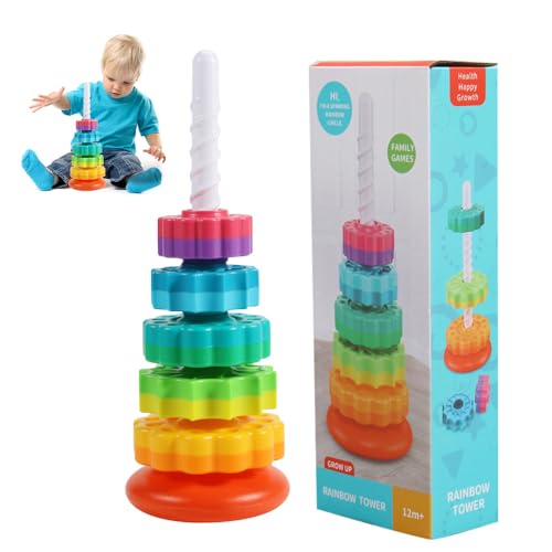 Mineup Spinning Stacking Toys, Rainbow Tower, Kids Stackable Spinning Toy,Regenbogenturm Stapelspiele, Regenbogen-Stapelringe, Regenbogen Drehturm Stapelspielzeug Für Kinder Ab 12 Monaten von Mineup