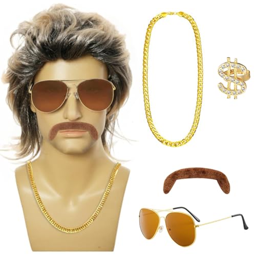 Mineup Vokuhila Perücke Herren,Perücke Herren 4er Set,80er 90er Jahre Outfit Accessoires,Blond Perücken Sonnenbrille Halskette,Männer Fasching Perücke Faschingskostüme Party Kostüme von Mineup