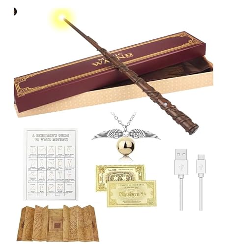 Mineup Zauberstab, 37CM Dumbledore Zauberstab mit Licht, Zauberstäbe HPotter mit Zauberspruch-Karte, Halskette Stationsticket, Wizarding World Requisite für Hexen und Magier Cosplay de Halloween von Mineup