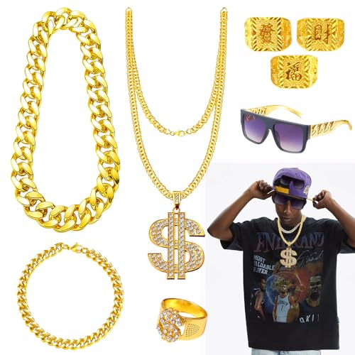 Mineup 8 Stück Zuhälter Kostüm, 80er 90er Jahre Outfit Herren, Hip Hop Kostüm, Zubehör Dollar Kette/Große Goldene Kette/Dollar Ring/Goldenes Armband, für Cosplay Karneval Fasching Mottoparty von Mineup