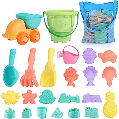 Mingfuxin Beach Sandspielzeug Set Für Kinder Kleinkinder 23pcs Sandbox Beachspielzeug Mit Sand Truck Eimer Schaufeln Rakes Beach Castle Tierformen Und Mesh Aufbewahrungstasche (Blau) von Mingfuxin