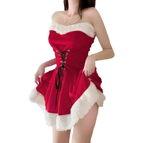 Mingyuezai Damen Weihnachtsmann Cosplay Kleid Weihnachtskleid Kostüm mit Schal und Hut, 001 Rot, Medium von Mingyuezai