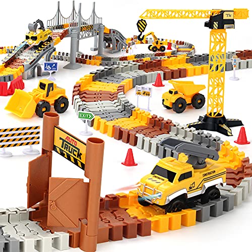 Konstruktion Rennstrecken Set, Flexible Train Tracks w/ 2 Electrische Konstruktion Rennrad w/Licht,Engineering Rennstrecken Spielzeugmit Kipper,Kran Sortierung Acessories für Jungen von Mini Tudou