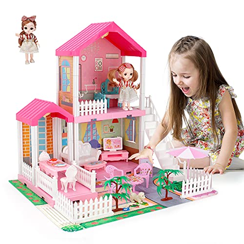 Mini Todou Puppenhaus für Mädchen, Puppenhaus mit Licht, Spielmatte und Puppen, DIY BAU Spiel Haus mit Accessoires Möbel und Haushalt Zubehör, Spielhaus für Mädchen 3-12 Jahre von Mini Tudou