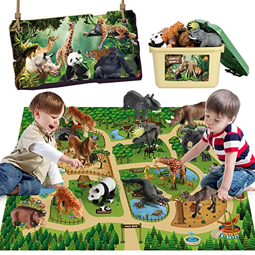 Mini Tudou 12 Stücke Safari Tiere Spielzeug Tierfiguren mit 145x98cm Aktivität Spielmatte,Realistischte Wildtier Figuren mit Löwe,Panda,Tiger,Nilpferd,Giraffe,Elefant für Kinder Jungen&Mädchen von Mini Tudou