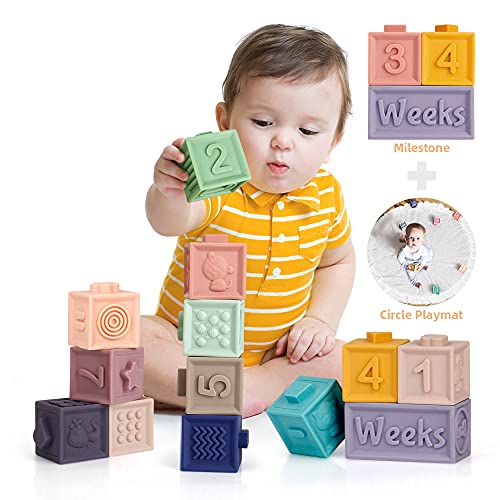 Mini Tudou 14 Stück Baby Bausteine Spielzeug mit Meilensteinblöcke&Spielmatte,Lehrreich Drücken Beißring Montessori-Spielzeug mit Zahlen Tiere Formen Texturen für Babys Kleinkinder Jungen & Mädchen… von Mini Tudou