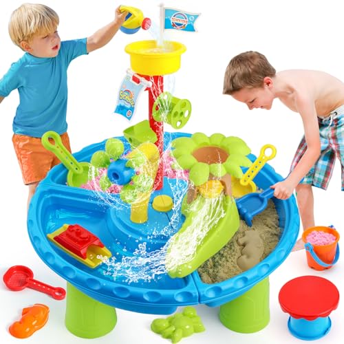 Mini Tudou 3 In 1 Wasserspieltisch Kinder Outdoor,Kinder Wassertisch Outdoor Sommer Strandspielzeug mit Wasserrad,Schaufel 31PCS Wassertisch Zubehör für Kleinkinder Kinder Jungen Mädche von Mini Tudou