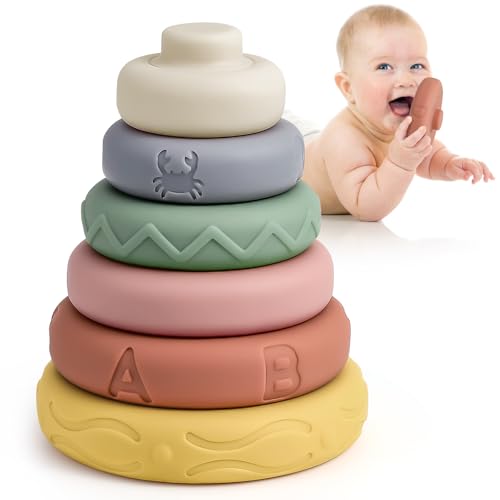 Mini Tudou 6 Stück Stapelspielzeug mit Ringen,Stapelturm & Beißringe für Stapelspiel,Squeeze Zahnen Babyspielzeug,Früherziehung Kinderspielzeug,Montessori Spielzeug für Jungen Mädchen 6 12 18 Monate von Mini Tudou