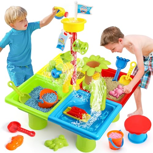 Mini Tudou Wassertisch Kinder Outdoor,4 In 1 Wasserspieltisch mit 33PCS Wassertisch Zubehör, Aktivität Sand Wassertisch Sommer Outdoor-Spielzeug für Kinder Jungen Mädchen 3 4 5 6 7 8 Jahre Alt von Mini Tudou