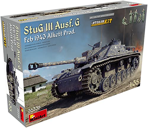 Mini Art 35335 1:35 Dt. StuG III AUSF.G Feb43(A) Int.-originalgetreue Nachbildung, Modellbau, Plastik Bausatz, Basteln, Hobby, Kleben, Modellbausatz, Zusammenbauen, unlackiert von MiniArt