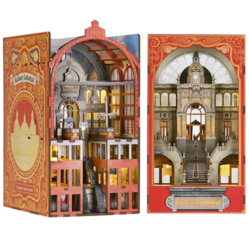 MiniCity Book Nook Kit, DIY Miniatur Puppenhaus Booknook Kit, 3D Holz Puzzle Buchstütze Bücherregal einfügen Dekor mit LED-Licht für Jugendliche und Erwachsene (Railway Cathedral) von MiniCity