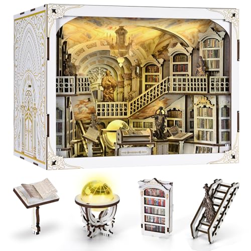 MiniCity DIY Book Nook Kit für Erwachsene, 3D Holzpuzzle Buchstütze Bücherregal Einsatz Dekor mit LED-Licht und Staubschutz (Library of Gods Max) von MiniCity