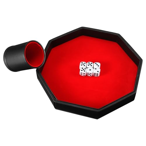 MiniInflat Das 8-teilige Würfeltablett-Spiel-Set beinhaltet 1 Würfelschale, 1 rotes achteckiges Samt-PU-Leder, mit Filz ausgekleideter PU-Leder-Würfelbecher mit 6 Punkten für Bar-Party-Würfelspiele von MiniInflat