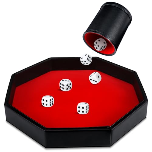 MiniInflat Das 8-teilige Würfeltablett-Spiel-Set beinhaltet 1 Würfelschale, 1 rotes achteckiges Samt-PU-Leder, mit Filz ausgekleideter PU-Leder-Würfelbecher mit 6 Punkten für Bar-Party-Würfelspiele von MiniInflat