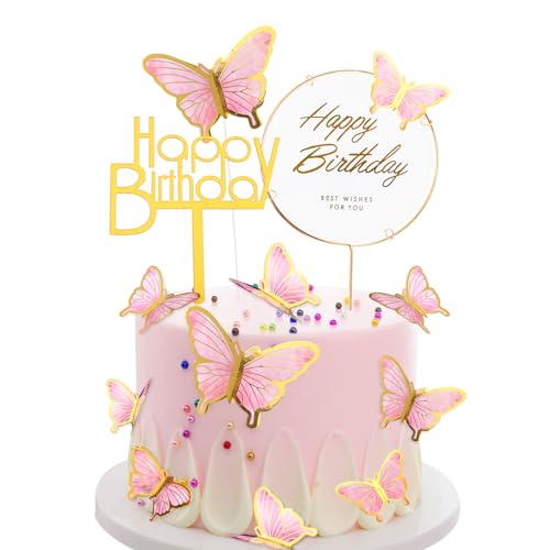 22 Stück Tortendeko Geburtstag Rosa Schmetterlinge Torten Deko Mädchen 3D Dreidimensional Schmetterlinge Cake Topper Geburtstag Happy Birthday Tortendeko Kuchen Deko für Geburtstag Hochzeit Party von Minicloss