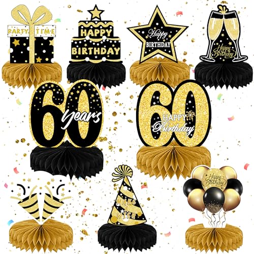 9 Stück Geburtstag Dekoration 60. Tischdeko Geburtstag Schwarz Gold 60 Geburtstag Mittelstücke Waben Party Tischdekoration 60. Geburtstag Tischdeko Set für Männer Frauen Geburtstag Party Zubehör von Minicloss